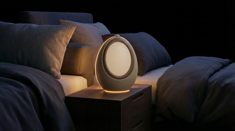 Naptick AI sleep device glowing on bedside table creating a calm and relaxing sleep environment