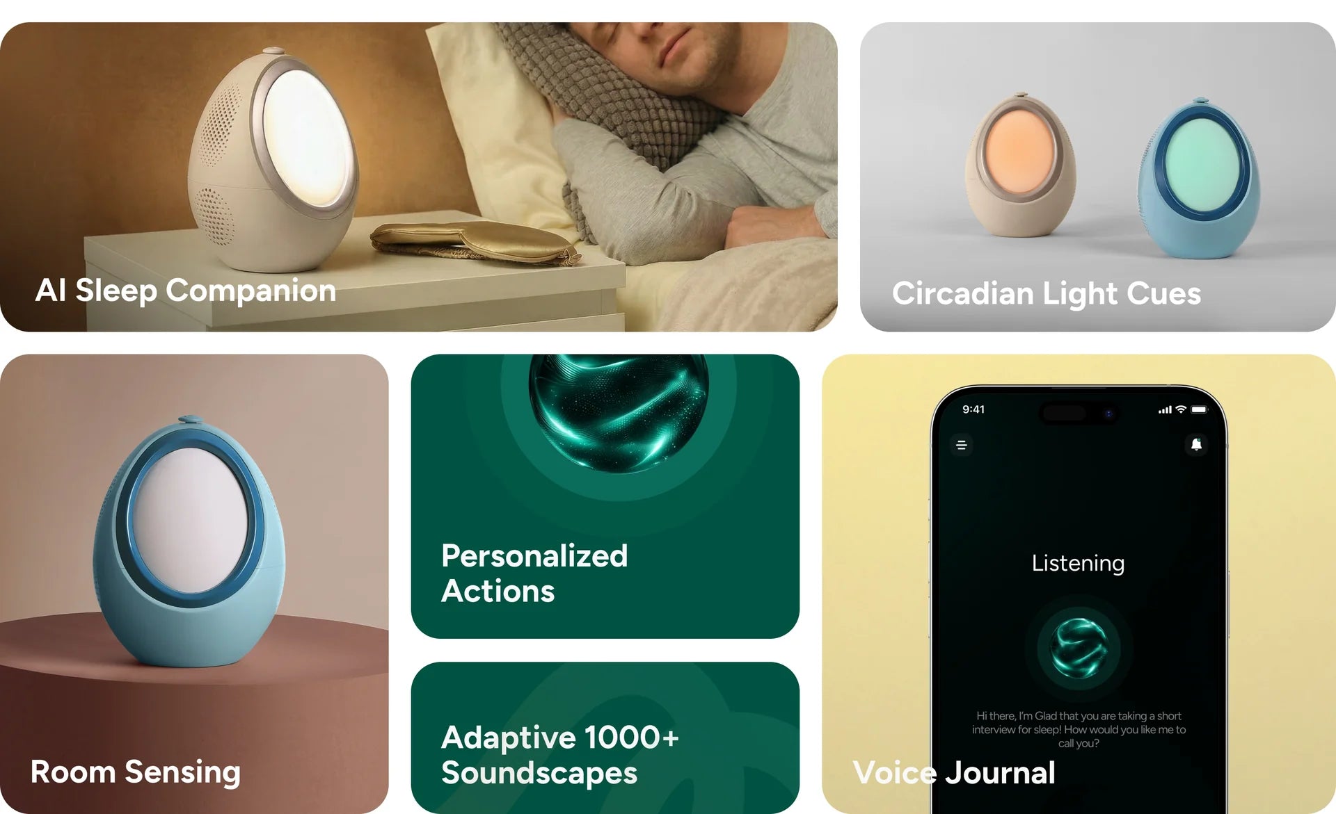 Naptick AI sleep companion features including room sensing, circadian light cues, personalized actions and voice journal
