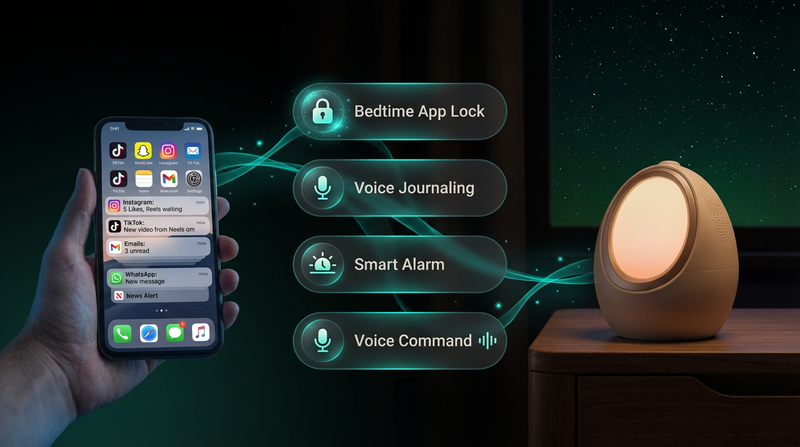 Naptick AI sleep device features including bedtime app lock, voice journaling, smart alarm and voice command integration