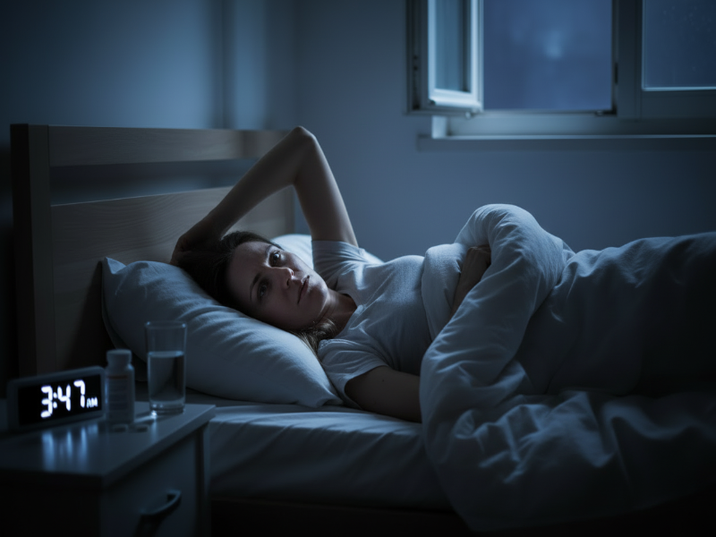 person struggling to sleep at night showing insomnia and sleep problems