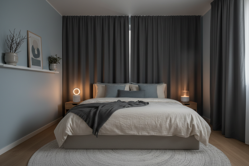 modern bedroom setup with soft lighting designed for a calm and better sleep environment